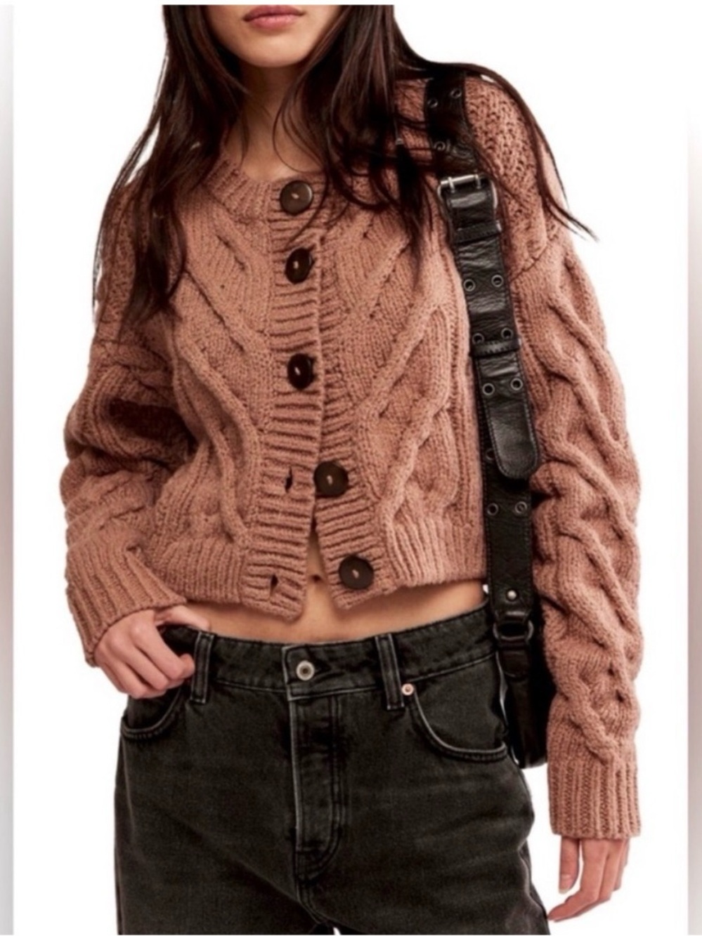Free People Bonfire Cable Knit Cardigan Beaver Fur Brown Tan Chunky Sweater S